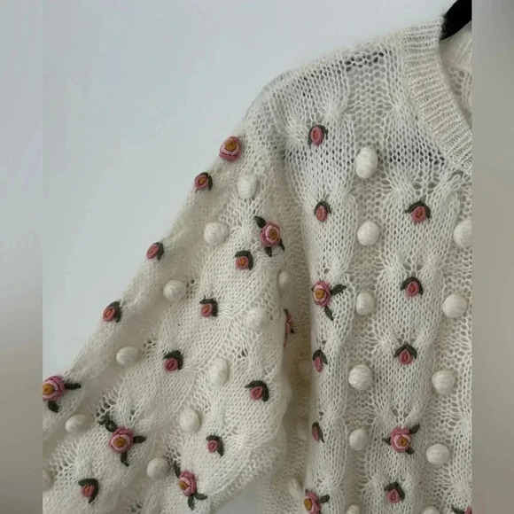 Vintage Gladys Bagley Floral Pom Pom Cottagecore 3D Knit Grandma Sweater - Picture 4 of 10